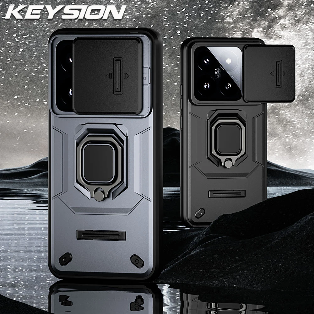 KEYSION Shockproof Armor Case for Xiaomi 14 Pro 5G Silicone+PC Slide Camera Lens Protection Ring Stand Phone Cover for Xiaomi 14