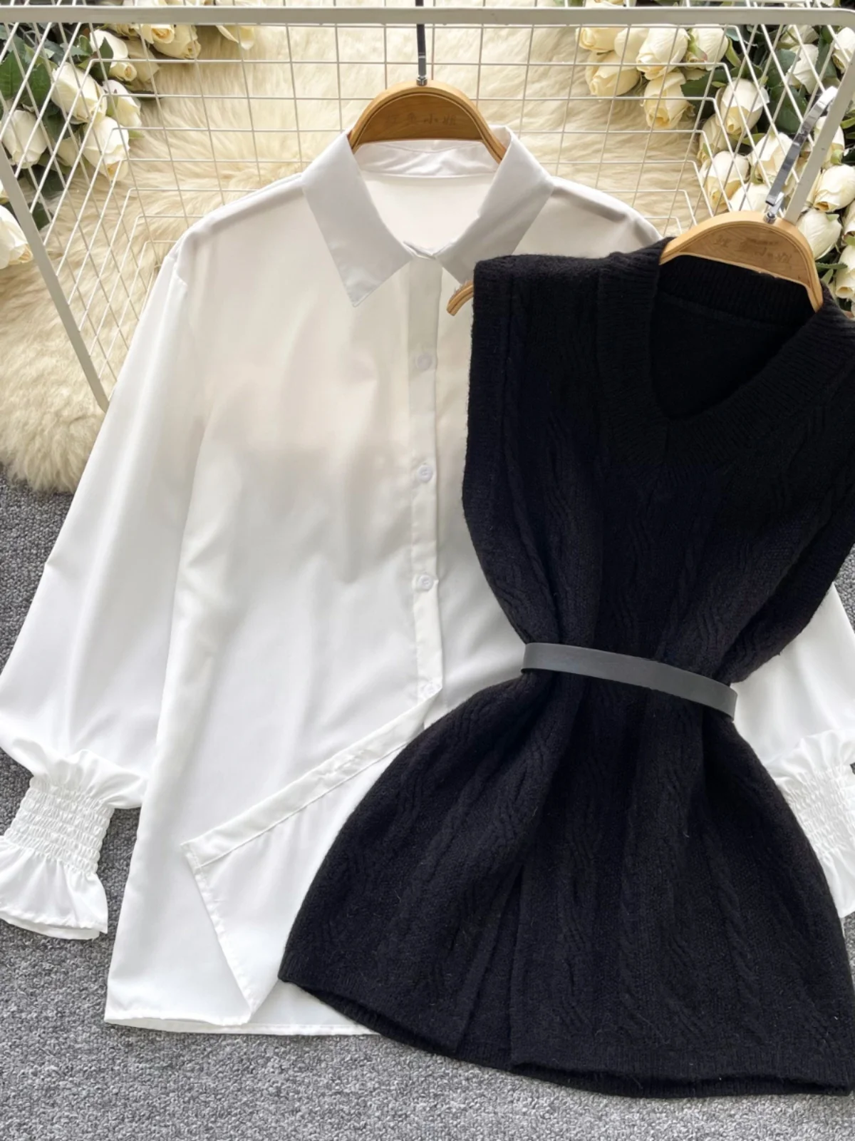 한국 스타일 안티에이징 투피스 세트 여성 패셔너블 다용도 슬리브리스 슬릿 니트 베스트 트렌디 화이트 긴팔 셔츠