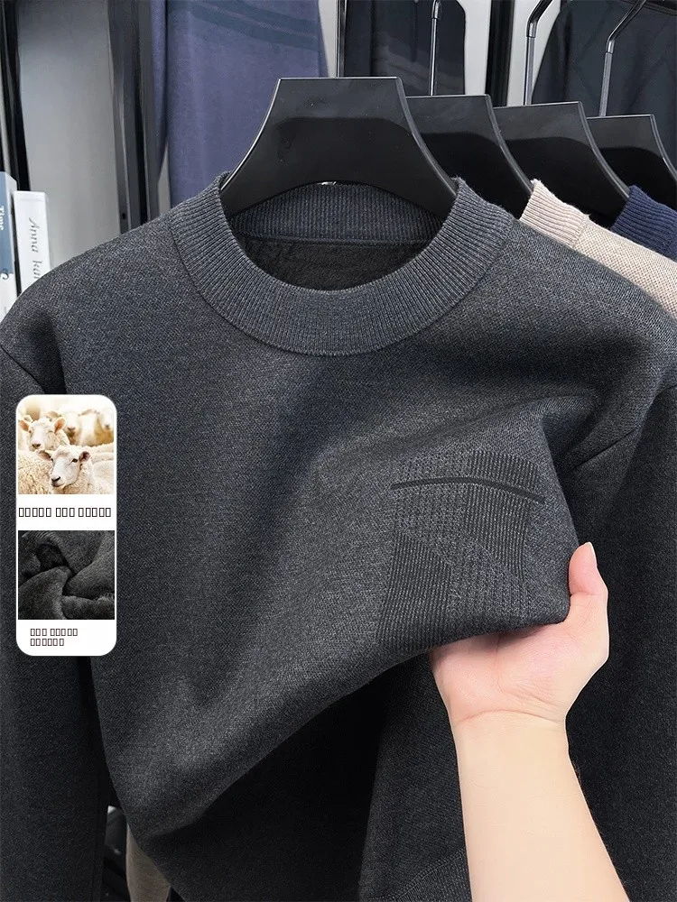 暖かいフリース裏地付き厚手の冬用セーターお父さんスタイルのウールの下着ラウンドネックビジネスカジュアルスタンダードフィット長袖トップ