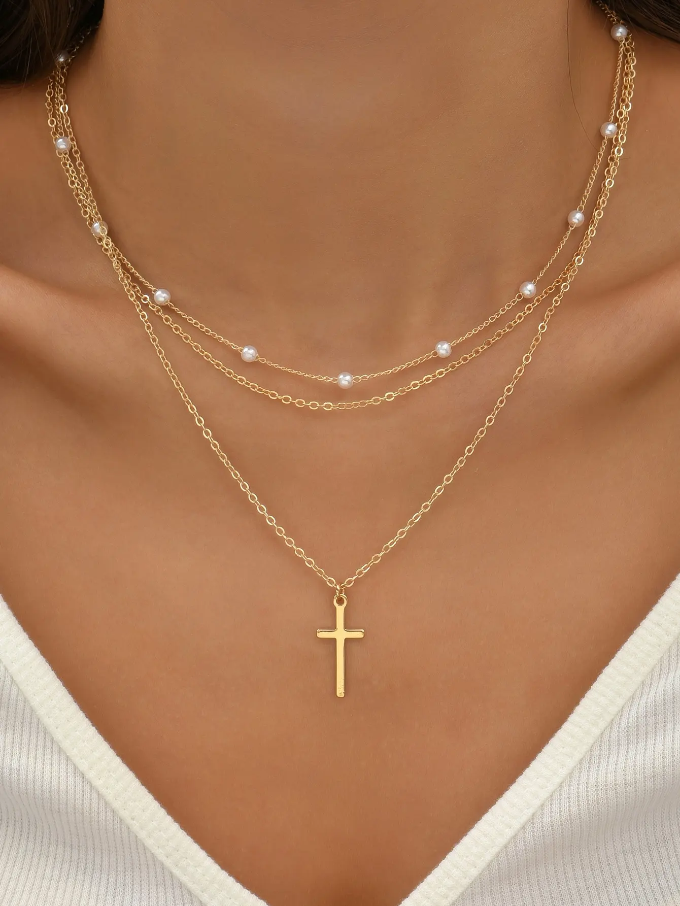 

Vintage Pearl Cross Necklace - Elegant Faux Pearl Pendant Jewelry - Women's Religious Fashion Accessories - Gift for Her