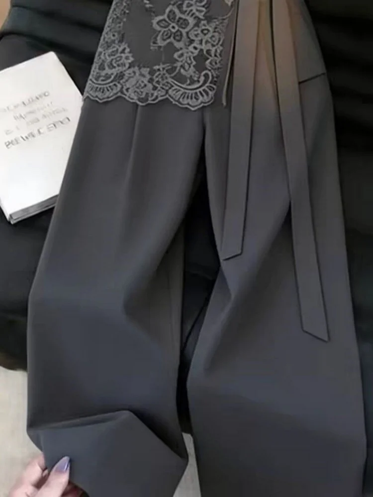 

Gray Lace Trim Wide Leg Pants Women's Suit Style Korean High Waist Straight Cut Commute Friendly Comfortable Fit Summer Trend