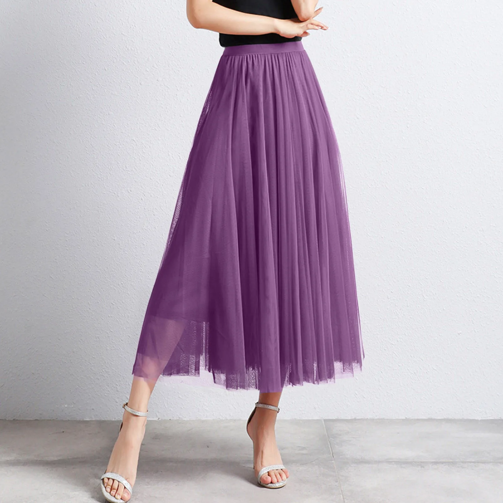 Women's Mid Length Skirts Dance Party A Line High Waisted Tulle Skirt Holiday Party Costume Solid Color Half Bodies Skirts