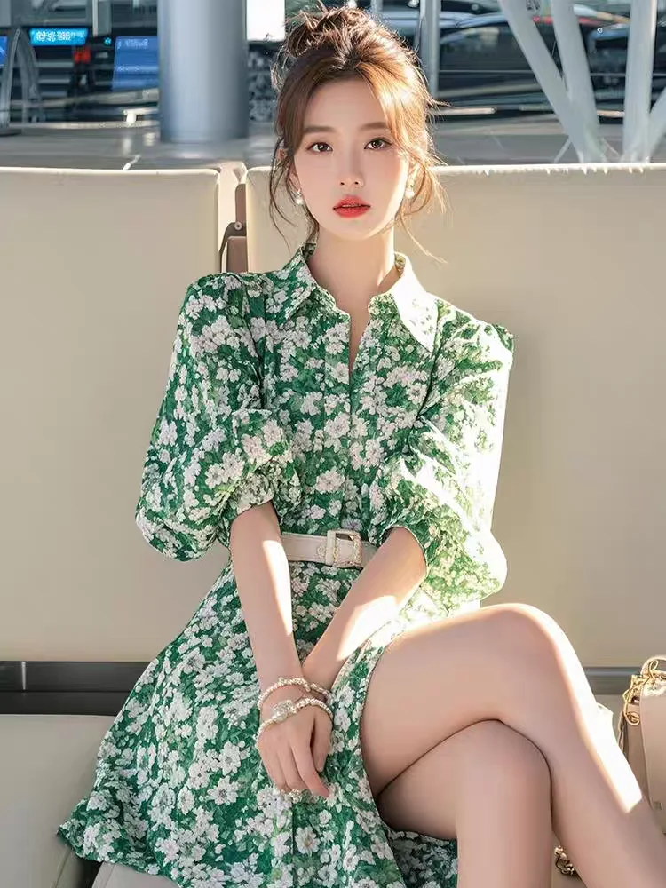 Nuova primavera verde abito floreale estate donna moda risvolto manica lunga a-line camicia casual abiti divisi mini abiti con cintura
