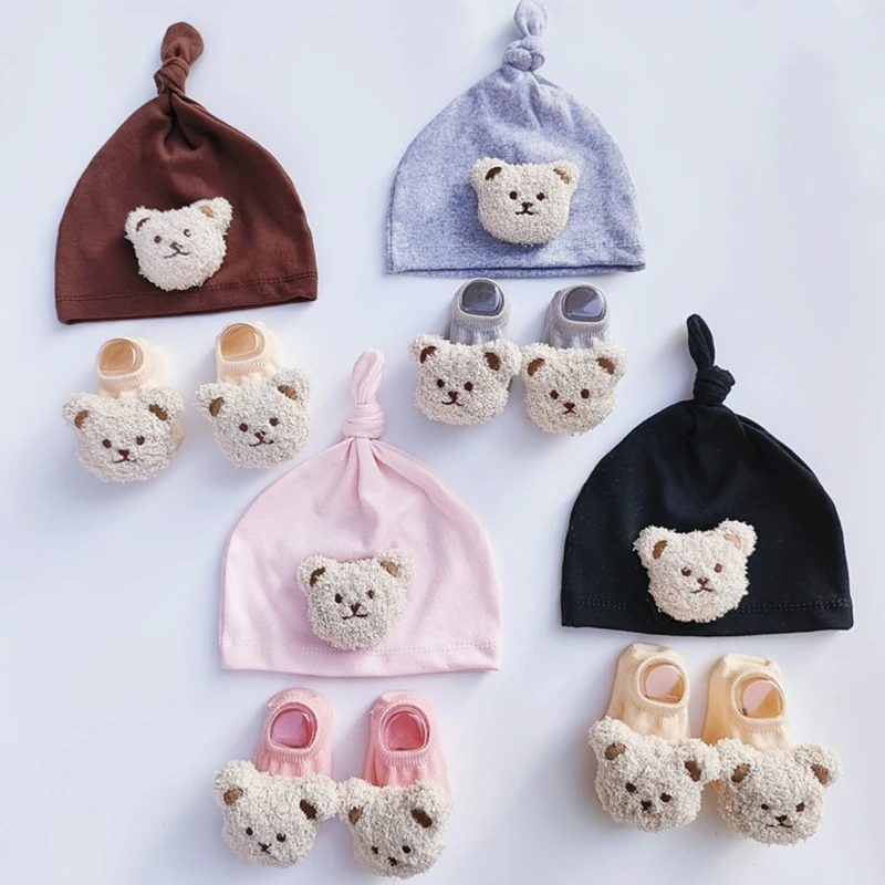 New Cartoon Infant Hat with Bear Socks, Newborn Head Protections Hat Knotted Beanie for Boys Girls 0-12 Months