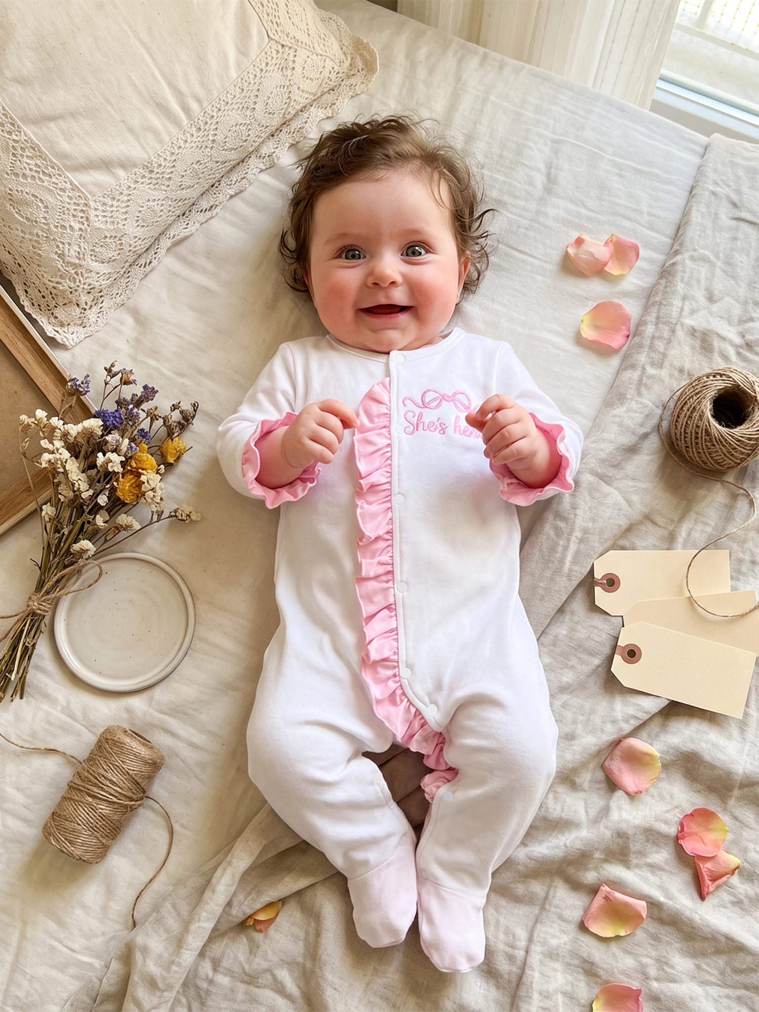 Footed Romper Fall Ruffle Jumpsuit Crew Neck Girls Footed Fall Baby Girls Sleeve High Quality Infant Baby Girls