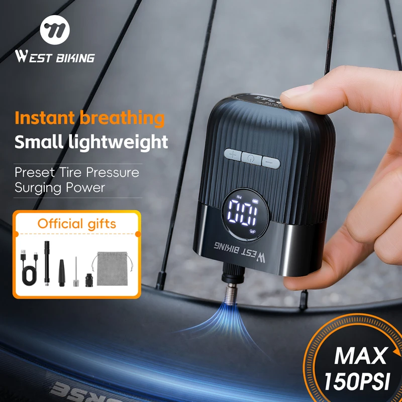 

WEST BIKING Bicycle Pump Mini Electric Air Pump 150 PSI Portable Pocket Bike Electric Tire Inflator With Digital Pressure Screen
