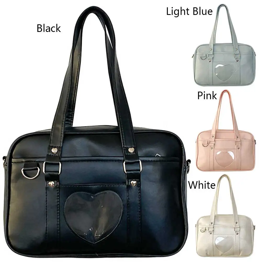 Carteras de Cosplay para mujeres y niñas, bolso cruzado de Anime de PU de gran capacidad, bolso escolar japonés transparente con corazón de amor para viajes al aire libre
