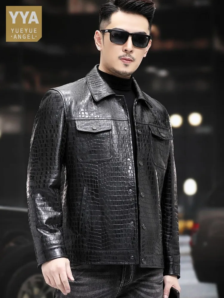 

Luxury Business Casual Mens Sheep Genuine Leather Jacket Turn-Down Collar Slim Fit Designer Vintage Single Breasted Short Coat