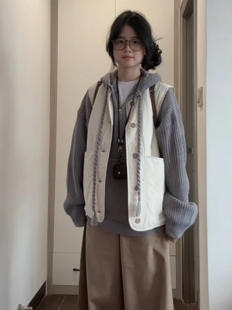 Modna kamizelka z bawełny, odzież wierzchnia damska, luźna, codzienna, ciepła na jesień i zimę, młodzieżowa, okrągły dekolt.