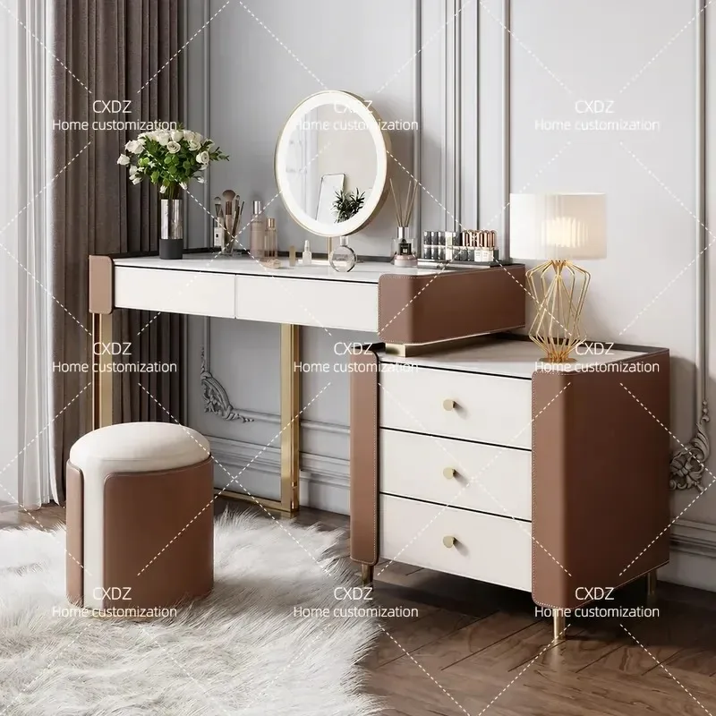 Modern Minimalist Dresser with LED Mirror Saddle Leather Rock Slab Vanity Table Integrated Storage Bedside Cabinet for