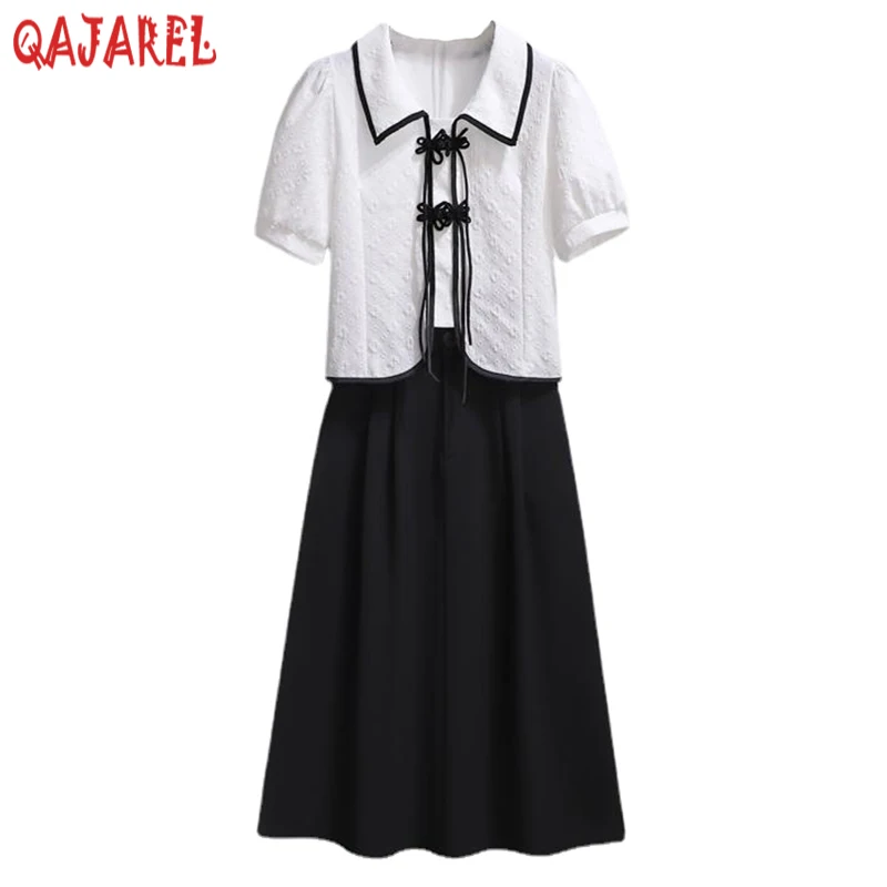 

Summer White Jacquard Chiffon Polo Collar Top Coat+Black Half Lenth Skirt Matching Sets 2024 New Korean Fashion Office Lady Sets