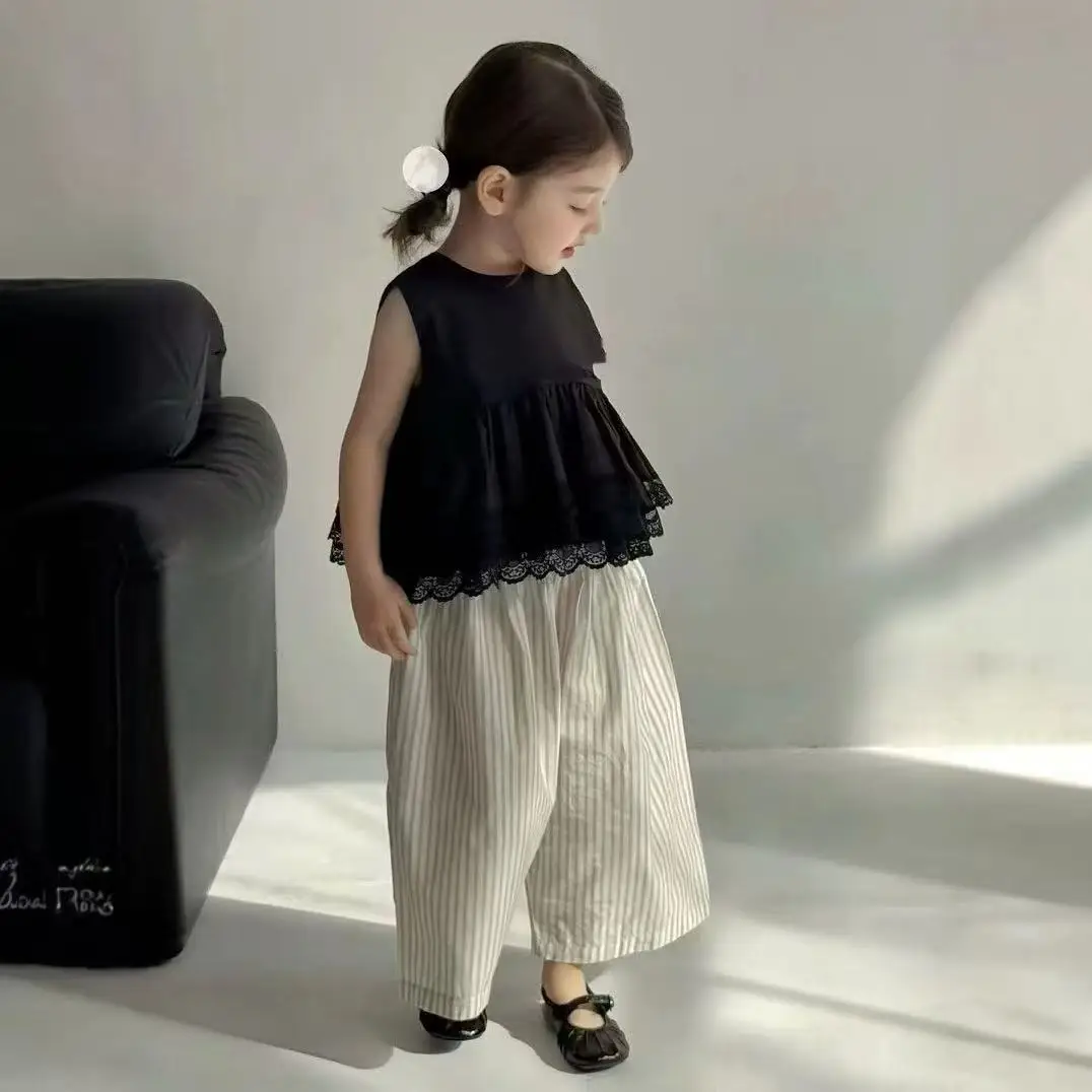 

Girls' Set Fashion Doll Shirt Sleeveless Lace Black Vest+ striped Pants Mosquito Proof Pants Summer Girls' Clothing Sets