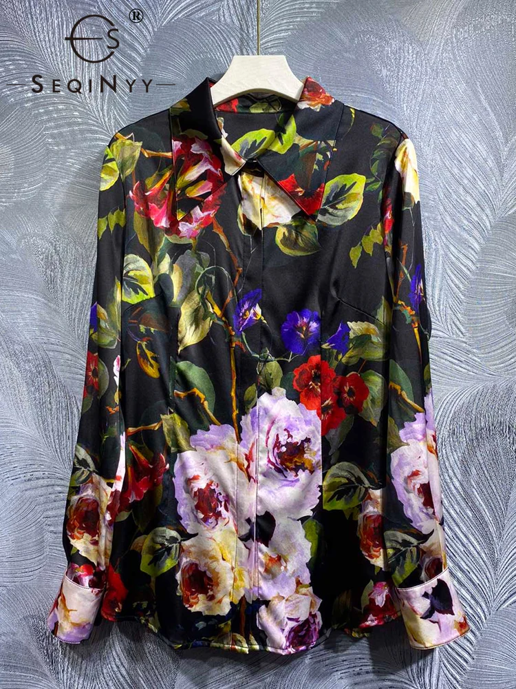 

SEQINYY 100% Silk Shirt Summer Spring New Fashion Design Women Runway High Quality Vintage Flower Print Top Elegant
