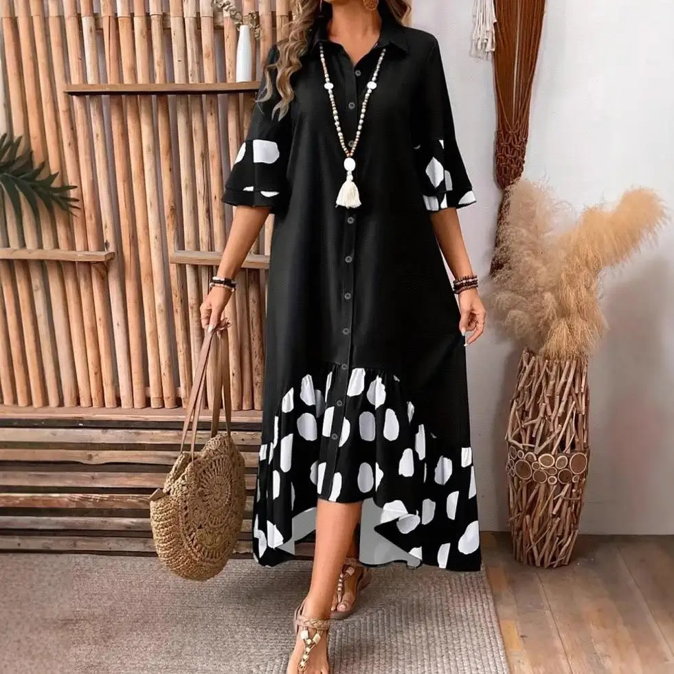 

Новинка 2025: Женское повседневное летнее длинное платье в стиле пэчворк с принтом в горошек, для независимых продавцов, трансграничная мода, стиль для поездок на работу