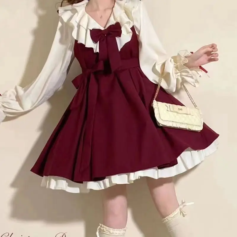 فستان الأميرة لوليتا الياباني الجديد لعام 2025 ملابس الشارع الشهير للنساء أوائل الخريف تصميم حس الفراشة عقدة حزام مع فساتين حزام الخصر