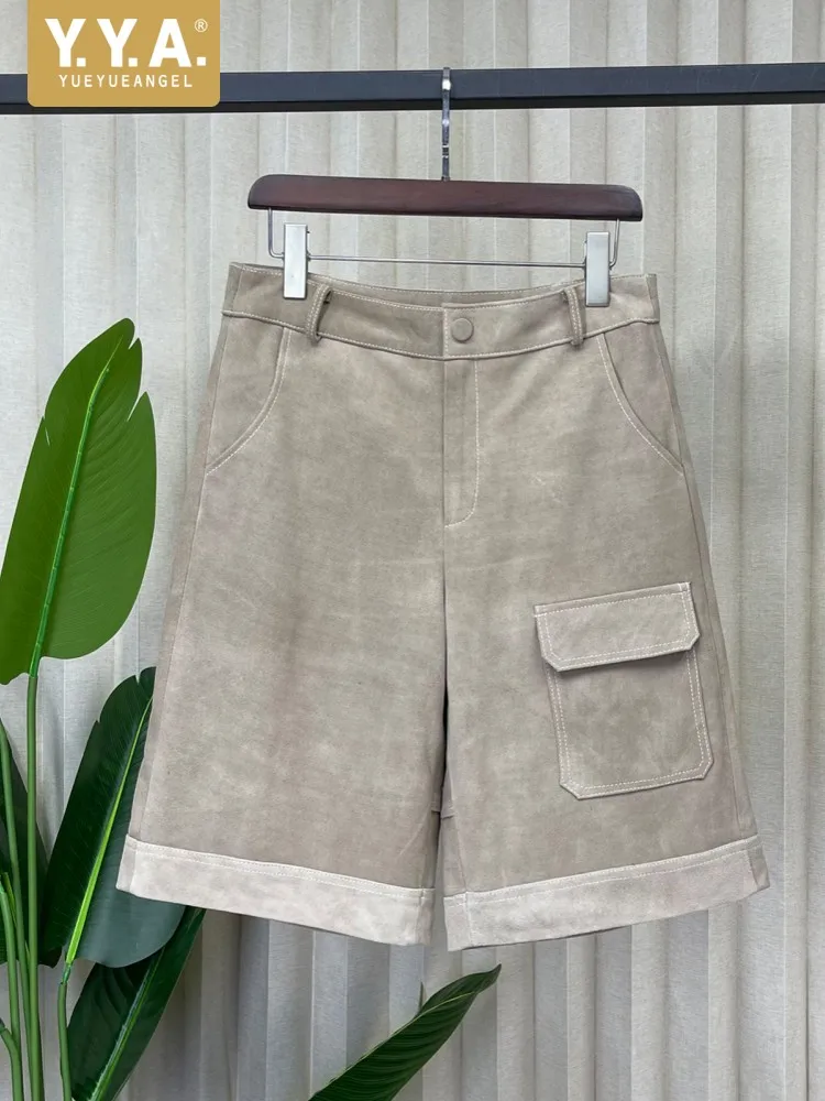 Boyfriend Style Women Real Suede Leather Shorts Wide Leg Flare Trousers Autumn New Designer Knee Length Shorts Casual Streetwear