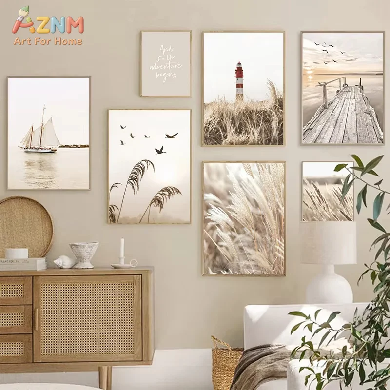 1PC Lake Beach Landscape Canvas Painting Wall Art Bohemia Beige Grass Flower Reed Poster and Print Picture Living Room Decor