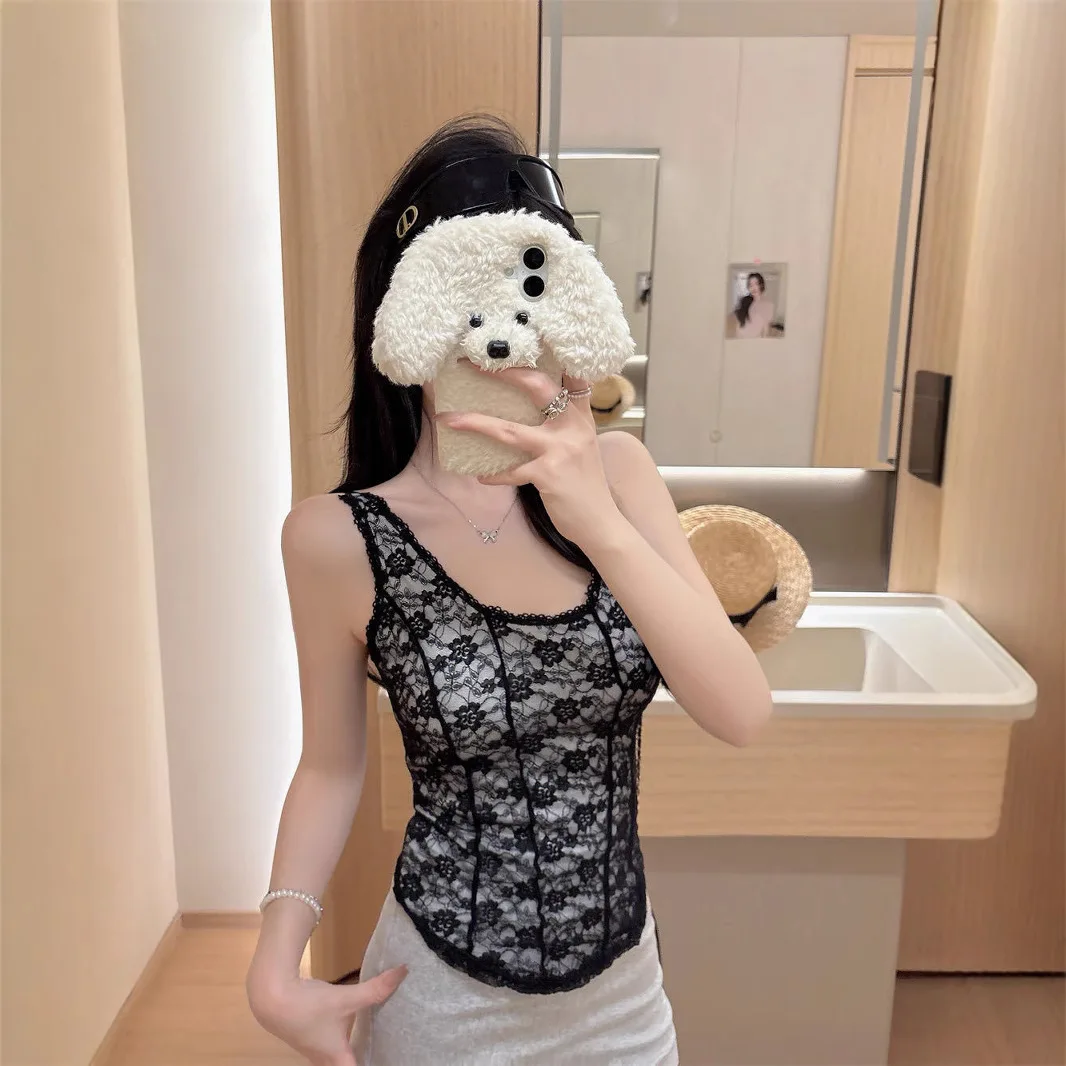 Sexy Lace Trim Fit Bal Strap Vest Summer Pure Desire Cotton U-Neline Inner Wear Outer Wear Versatile Design Bra Included