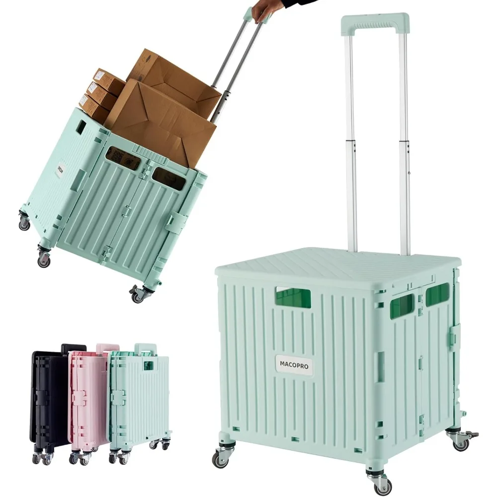 

Folding Utility Cart Portable Rolling Crate Handcart Shopping Trolley Collapsible Tool Box, with Lid, Basket on 4 Rotate Wheels