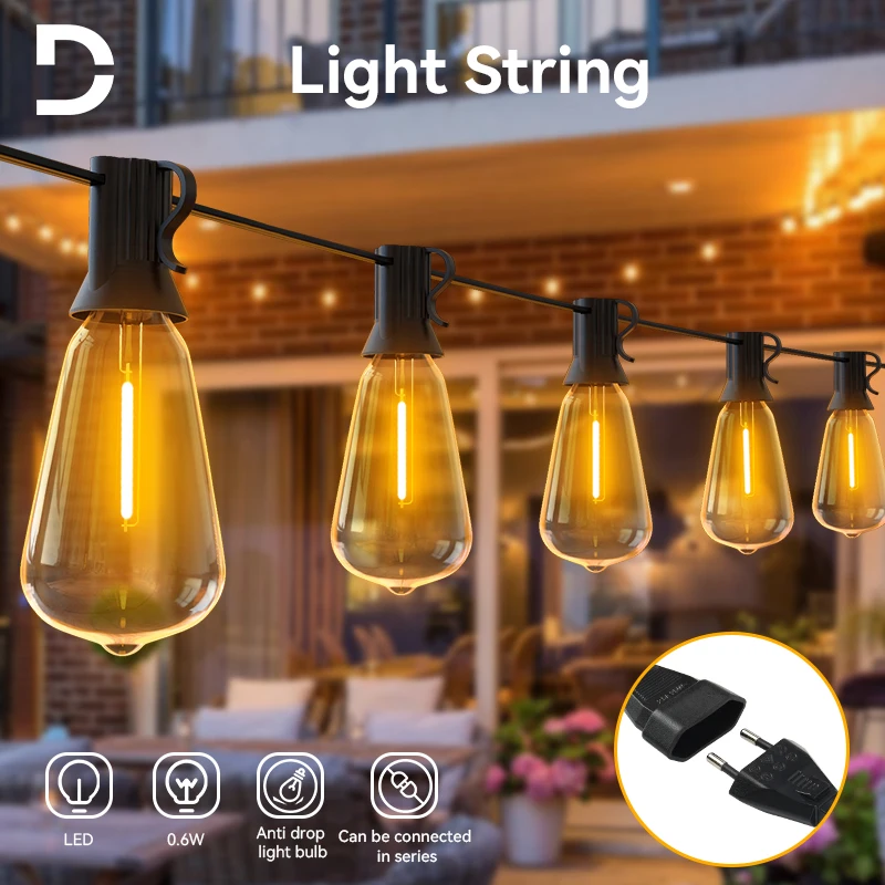 15M 20m Outdoor LED String Light ST38 Fairy Garland Light IP65 Shatterproof Wedding Light Decoration For Garden Cafe Patio