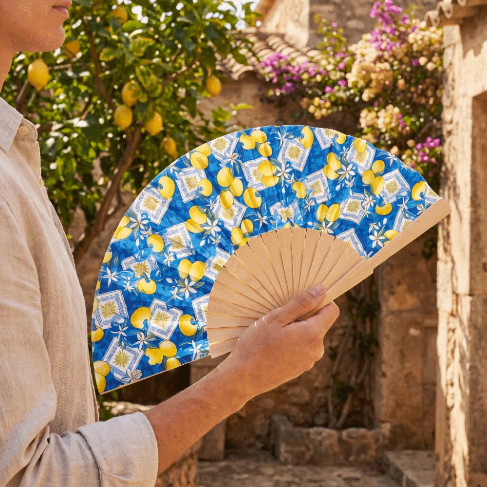 Cute Lemon Print Folding Hand Fan Wooden Handle Creative Chinese Style Fan Portable Delicate Hand Cranked Fan Wedding Party