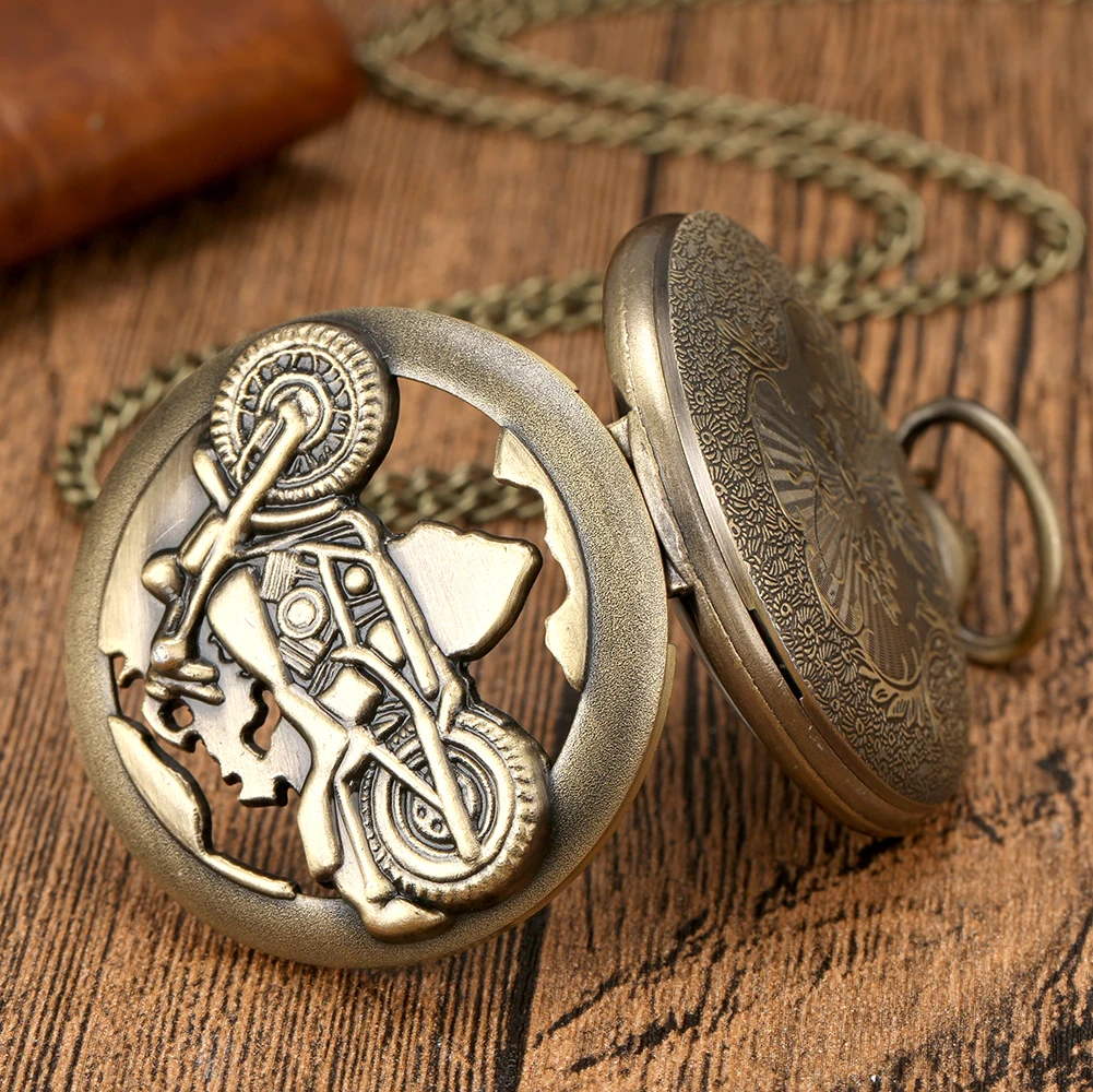 Antieke Retro Brons Motorfiets Hollow Quartz Zakhorloge Ketting Fob Ketting Hanger Klok Steampunk Mannen Beste Cadeau Dropshipping