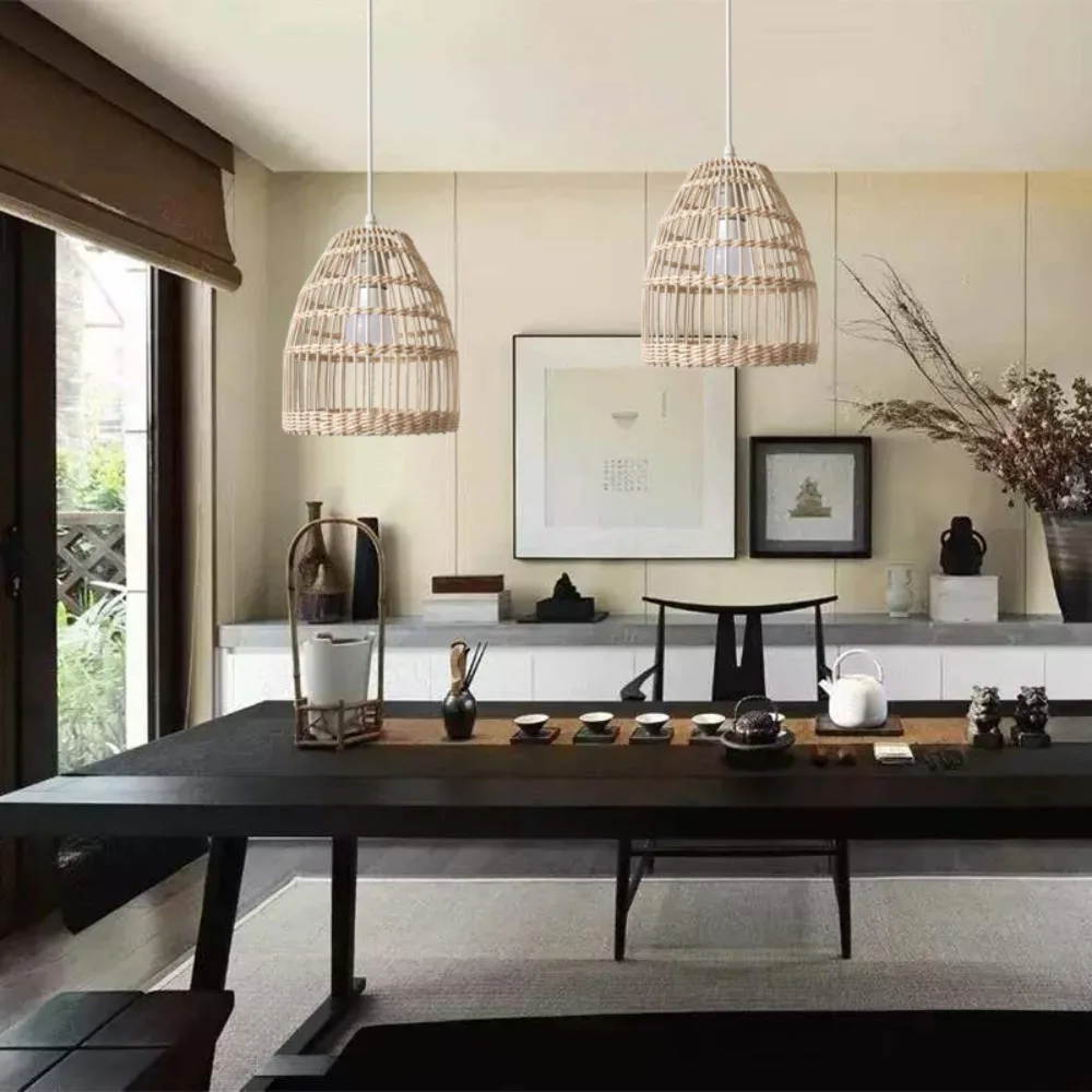 Chinese Wicker Rattan Wave Pendant Light modern Rustic Art Hanging Lamp Living Room Dining Room Balcony Home Decor Light Fixture