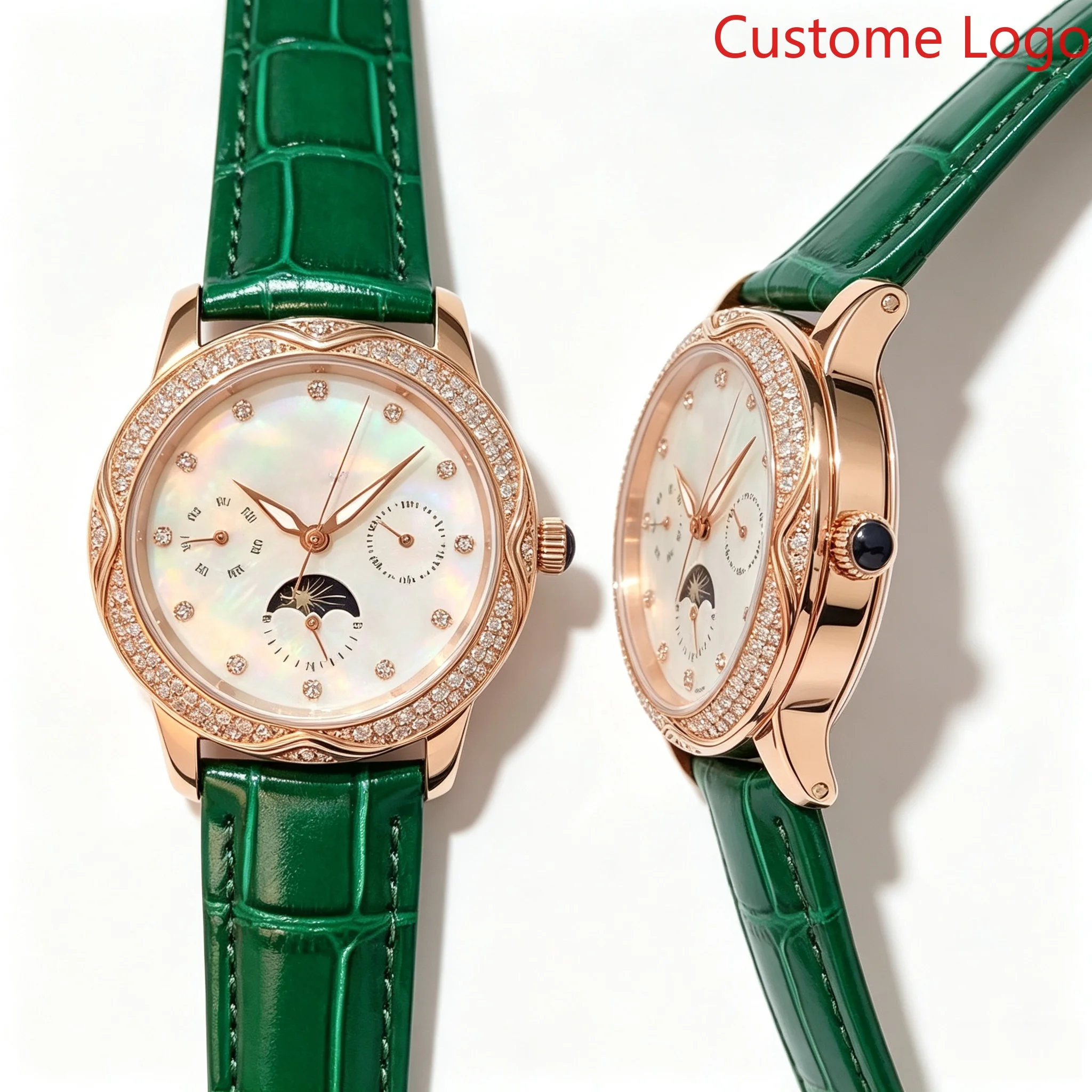 Luxury  Dial Ladies Watch Multi-function Moon Phase Day of Week Full Rhinestone Bezel Bright Green Leather Band Rose Gold Case Female Quartz Clock