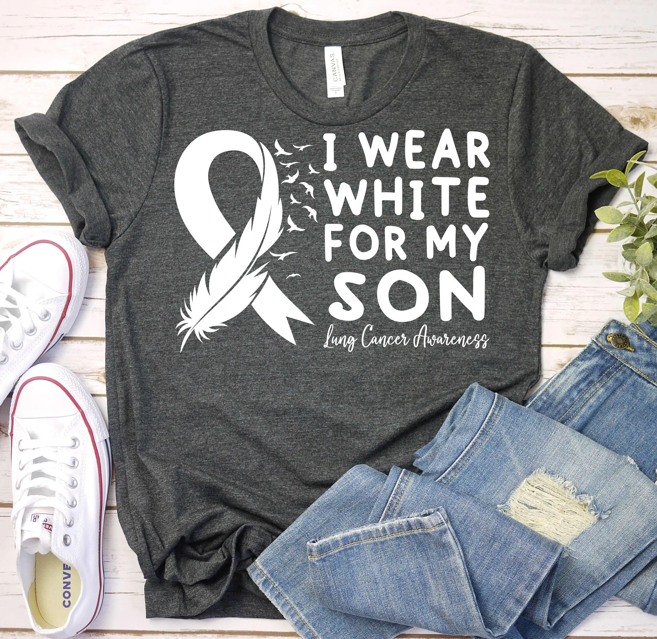 I Wear White For My Son Lung Cancer Awareness T Shirt Ribbon Support Chemotherapy