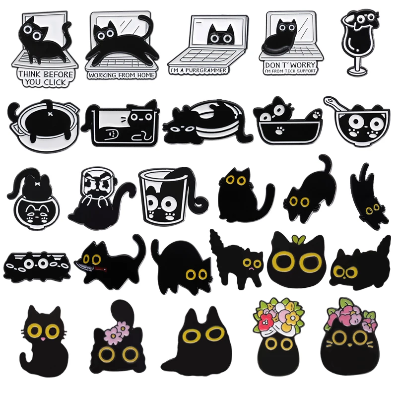 27 Types Cat Shape Enamel Pins Black Cats Animal Lapel Badge Clothes Shirt Decorative Brooches Punk Gothic Style Kitten Pin Gift