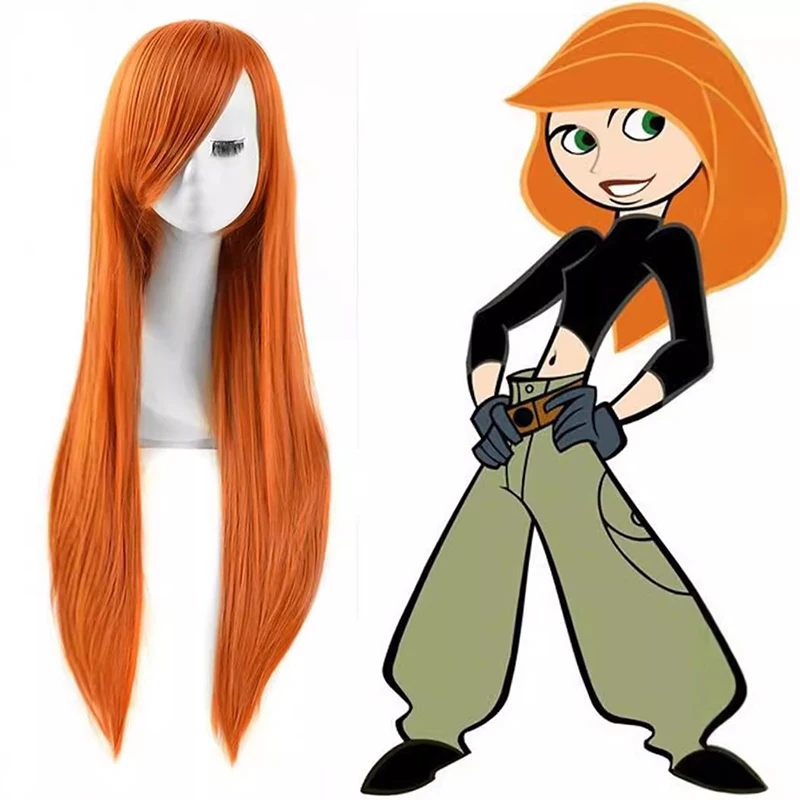 

Wig Cosplay Kim Possible Orange Long Straight Fashion Girl Human Hair Side-swept Bangs High-temperature Silk Festival Party Wigs