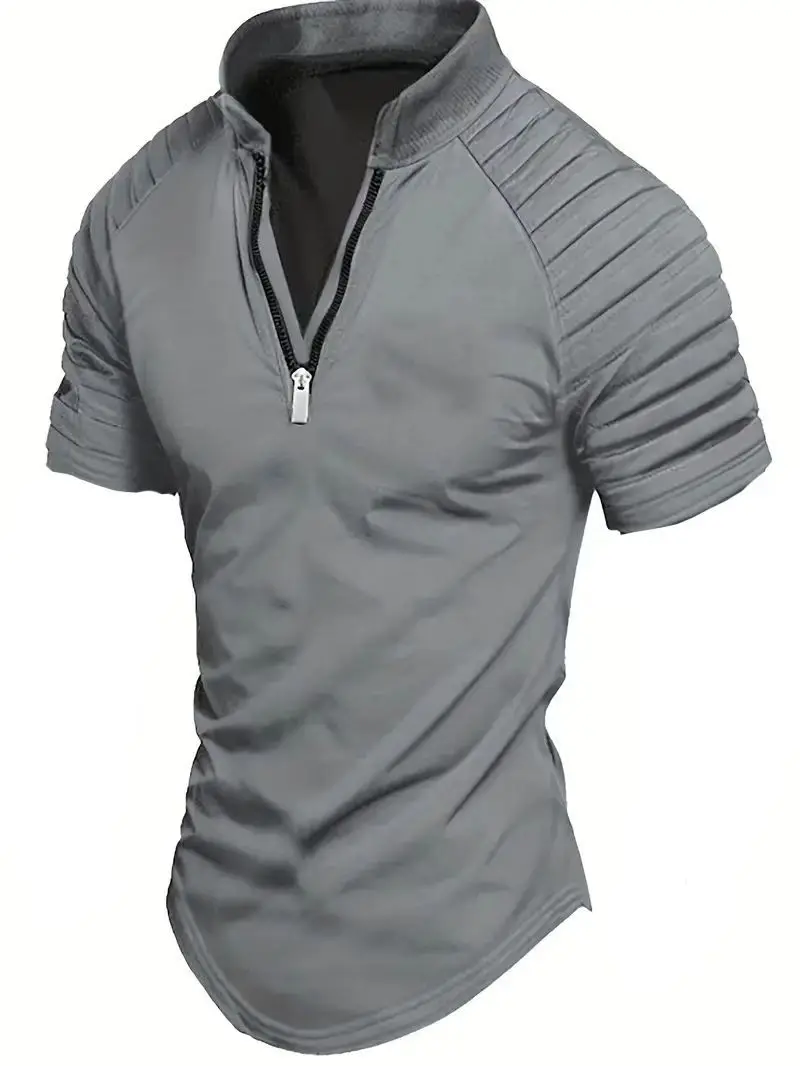Men's POLO Shirt Spring Sports Solid Color Standing Collar Pleated Zipper Breathable Casual Summer Fashion Top Short Sleeve image 4
