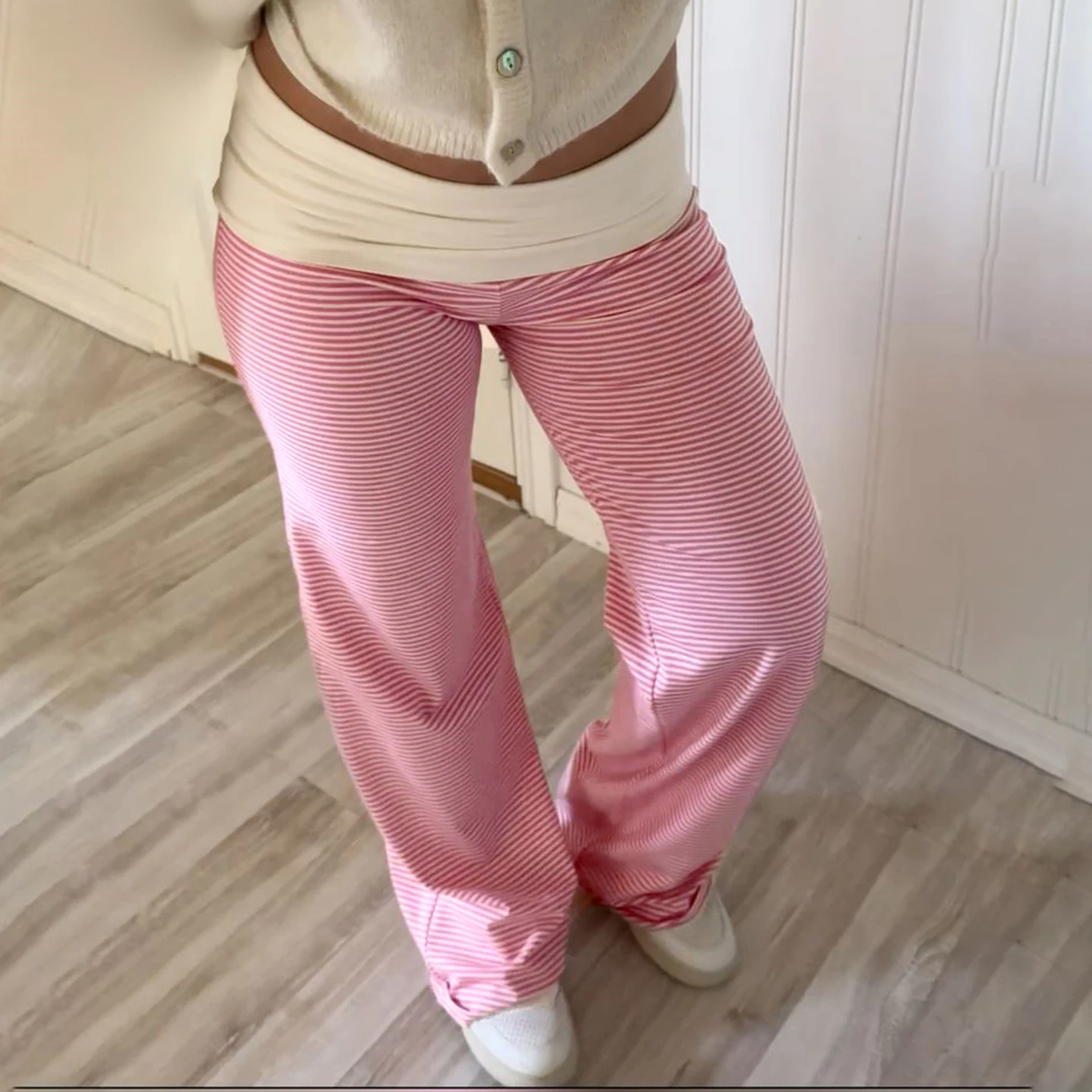 SUCHCUTE Summer Contrast Striped Knit Pants Women Casual Straight Leg Elastic Long Trousers Y2K Bell Bottoms Sport Sweatpants