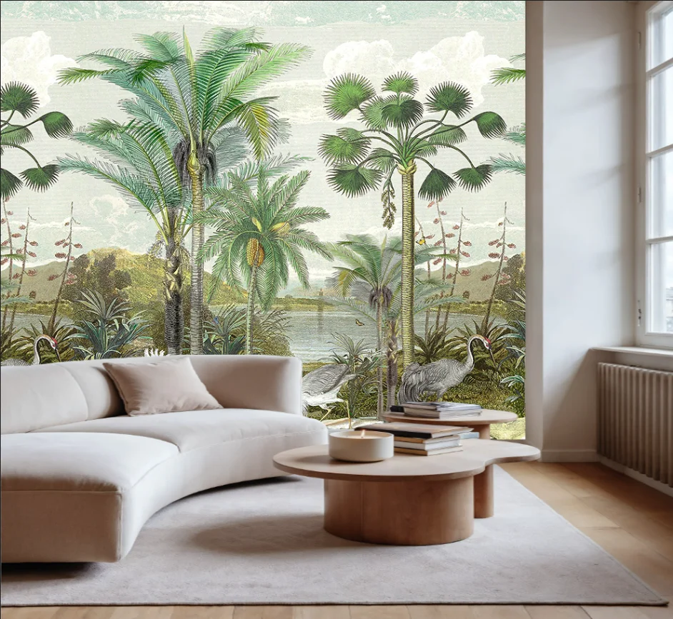 Customized Size Mural for Children's Room, Palm Tree, Banana Tree Wallpaper, Rainforest Plants and Animals Mural 3d wallpaper