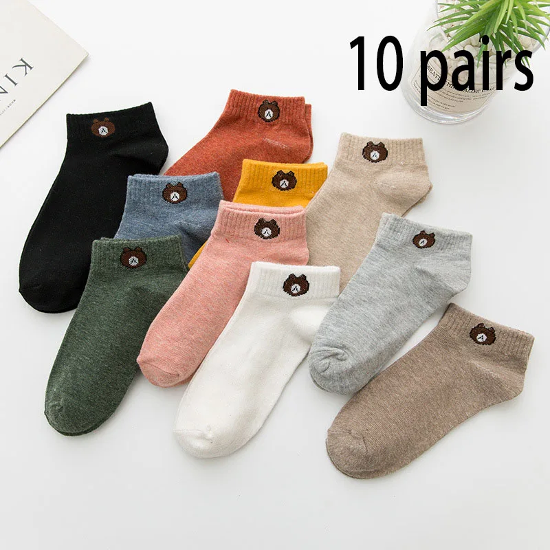 10 pares de calcetines de tubo bajo para mujer, conjunto con bonito patrón de oso, moda transpirable para mujer, calcetines cómodos de estilo informal