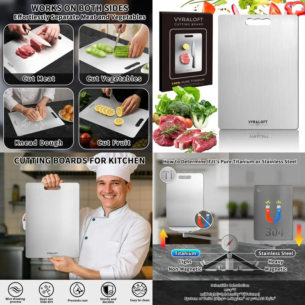 

Двусторонняя разделочная доска из 100% чистого титана, большая, легко моется, устойчива к запахам, идеально подходит для кухни и использования на открытом воздухе