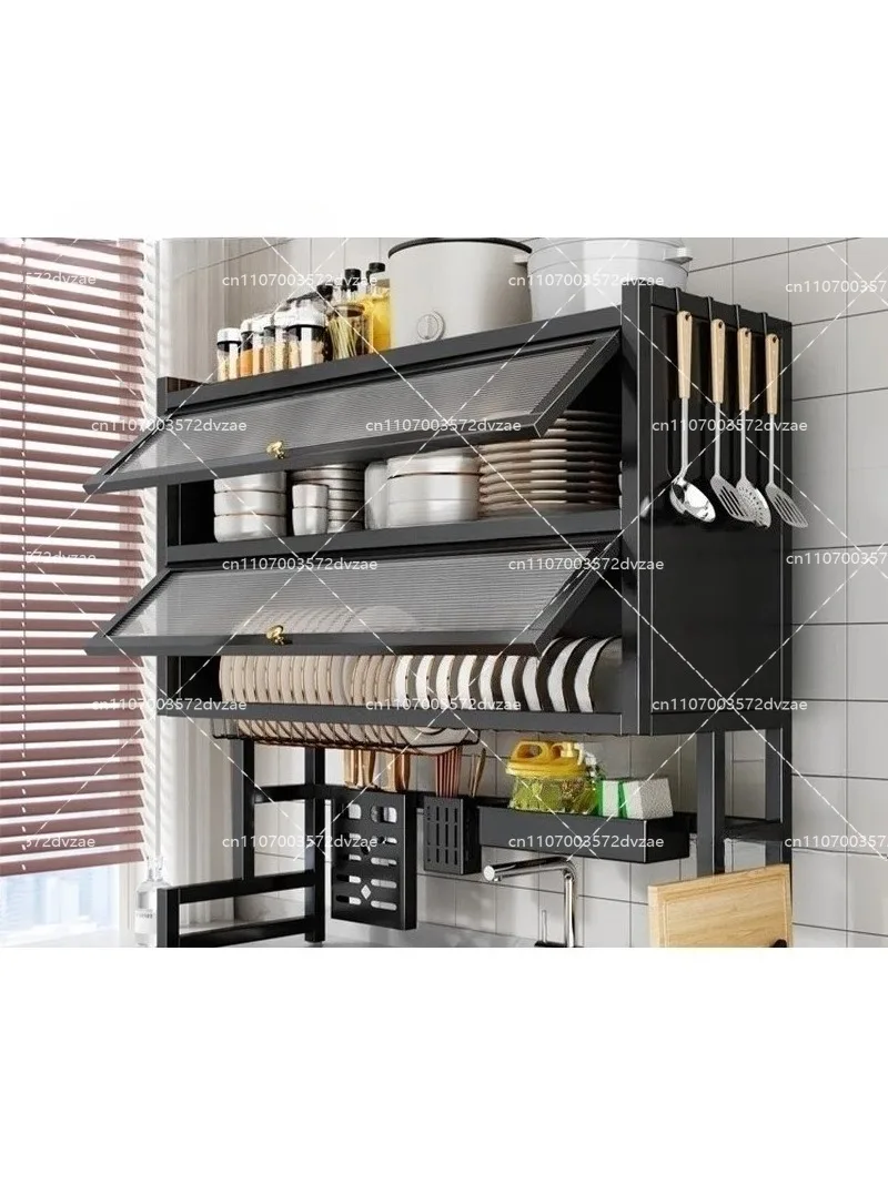 

Carbon Steel Double-Layer Dishwashing Sink Rack Kitchen Countertop Dust-Proof Dishware Drain Rack