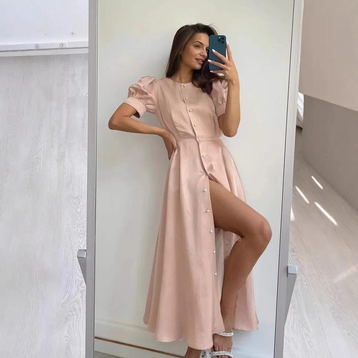 

2025 Ins Summer New Fashionable Waist Cinching Single Breasted Commuting Dress 22023