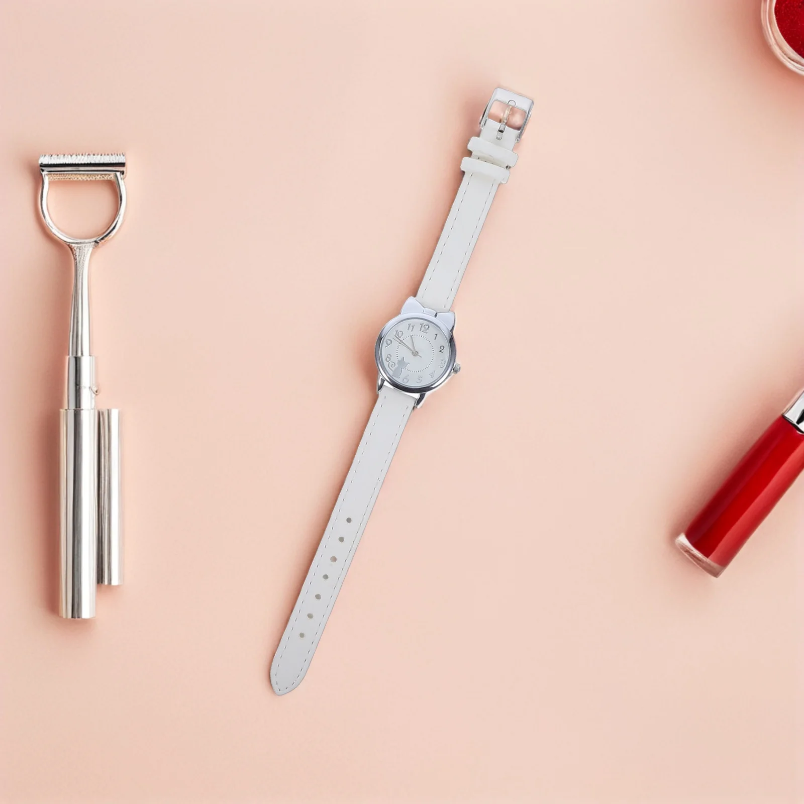 Quartz Wrist Watch Cute Cat Design Metal Face PU Band Analog Watch for School Casual Watches for