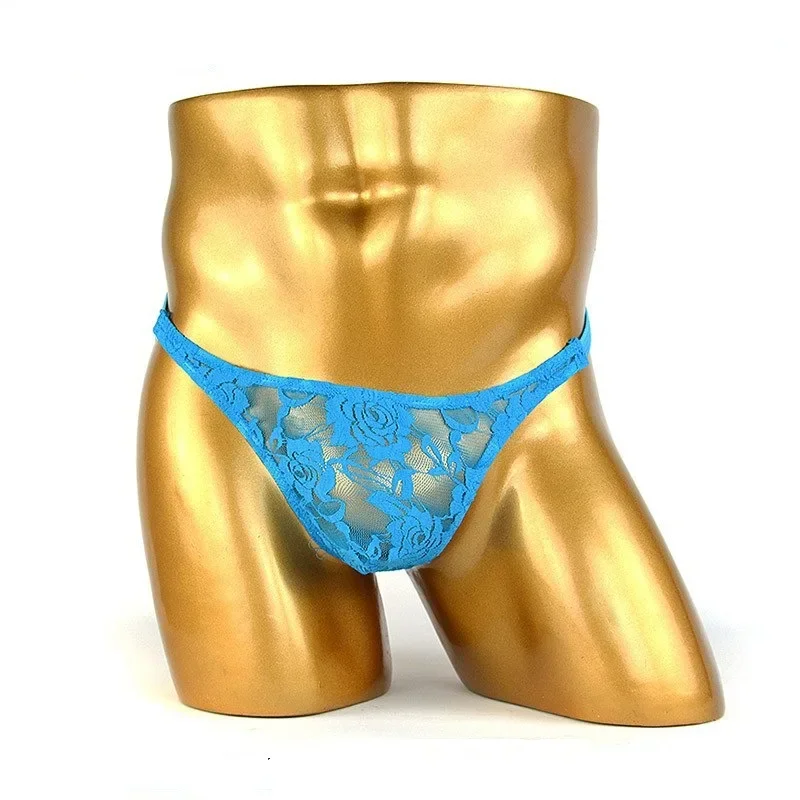 

Youth Erotic T Back Thong Gay Seamless Lace Floral Transparent G-string Sissy Fashion Bulge Pouch Exposed Buttocks String Bikini