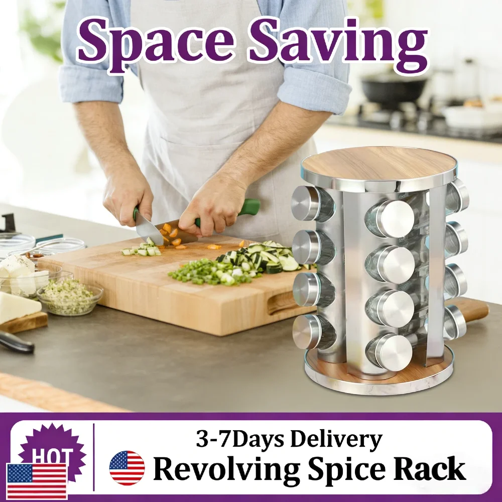 

Stainless Steel Revolving Spice Rack 16 Glass Jars 3oz 360° Rotating Seasoning Organizer for Kitchen Countertop Cabinet Storage