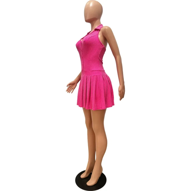 Minivestido plisado de algodón acanalado para mujer, vestido Sexy elástico con cuello en V, una sola botonadura, cuello Halter, Espalda descubierta, ropa de calle informal