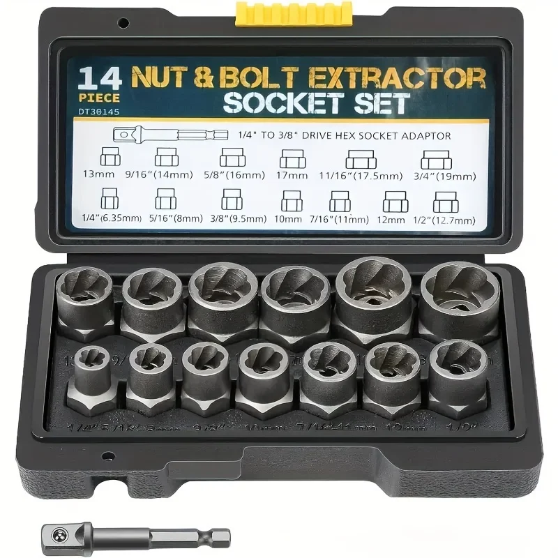 

14 pcs With Storage Box Damaged Lmpact Socket Set, Nut And Bolt Extractor & Remover-Chrome Molybdenum Steel Extractors