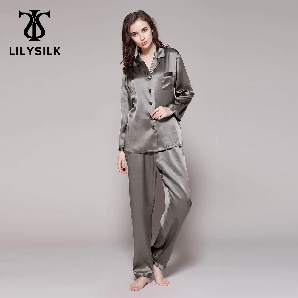 LILYSILK Autumn Women 22 Momme Silk Pajama Set Femme Plain 2 Pieces Button Front Home Pants Suits Ladies Overalls Free Shipping