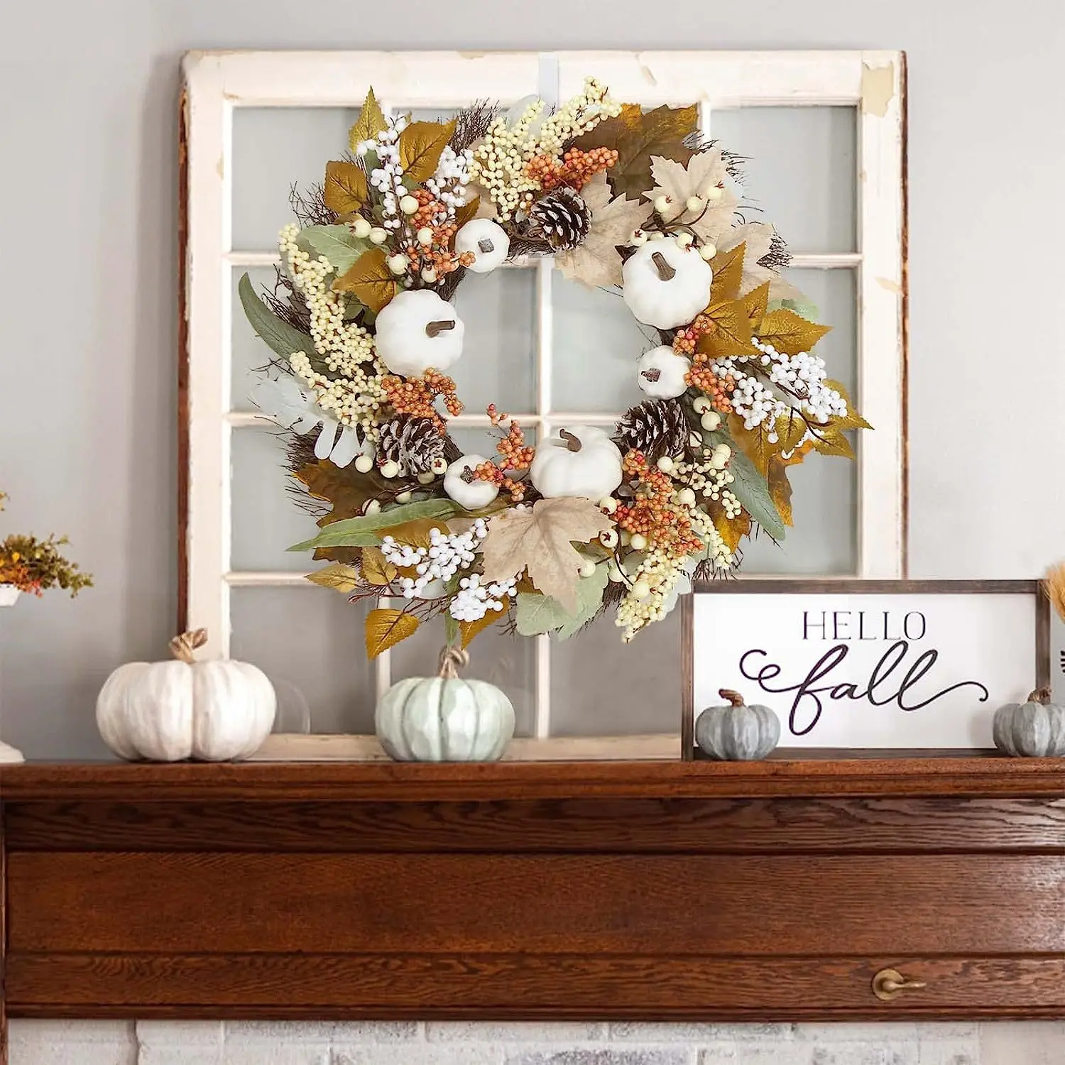 Autumn White Pumpkin Wreath Thanksgiving Decoration Maple Leaf Wreath For Front Door Hanging Indoor Outdoor Wall Home Decor