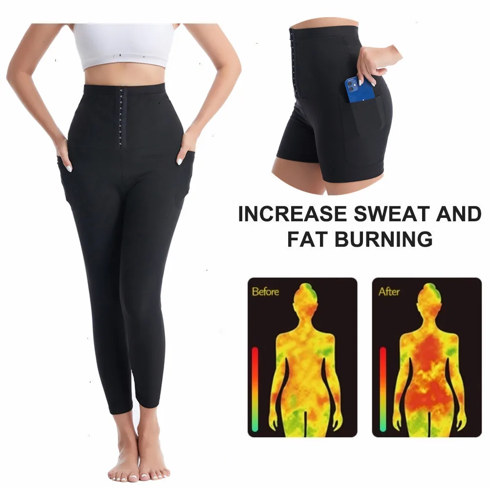 

Women PU Coating Sweating Sauna Nine Point Pants With Pocket High Waist Breasted Tummy Control Leggings For Losing Weight