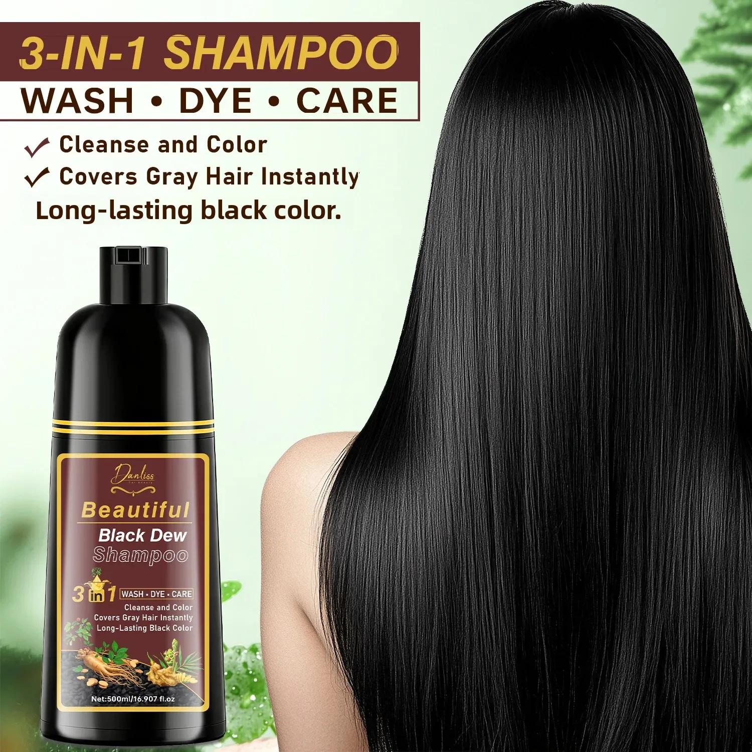

500ml 3 In 1 Natural Herbal Hair Dye Shampoo Black Dark Brown Cover Gray Deep Nourishing Fast Hair Coloring Cream for Women Men