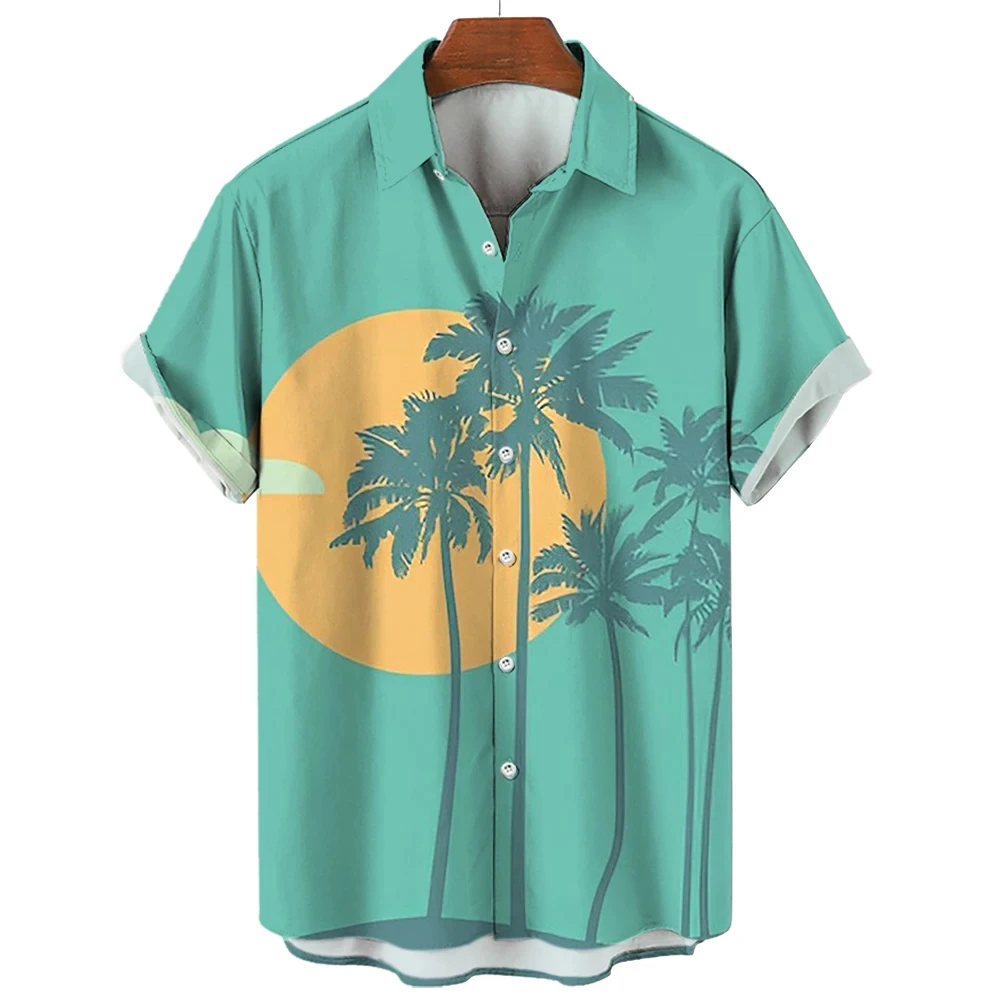 

Summer Men's and Women's Short Sleeve Shirts Palm Tree Print Seaside Beach Lapel Button Up Shirt Tops