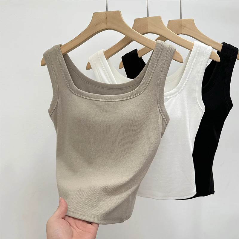 

plus Size Women's Tank Top Pure Color Simple Versatile Inner Wear with Chest Pad Can Be Worn outside Sleeveless Vest Summer C...