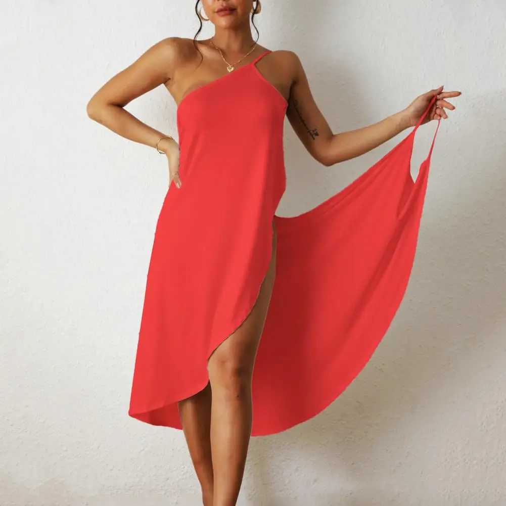 

Women One Piece Bikini Cover-up Beach Dress Sleeveless Solid Color Off Shoulder Backless Vacation Slip Cross Wrapped Midi Dress